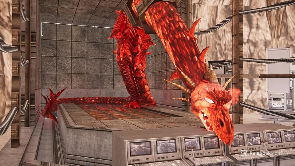 Cultural Art Exhibition Hall Featuring Red Dragon Sculpture Industrial Metal Walls And Control Panels 3d model 