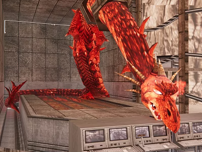 Cultural Art Exhibition Hall Featuring Red Dragon Sculpture Industrial Metal Walls And Control Panels 3d model