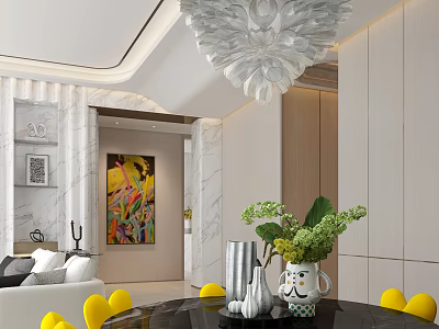 Modern Elegant Restaurant Interior With Round Dining Table Yellow Chairs Green Plants And Abstract Painting 3d model