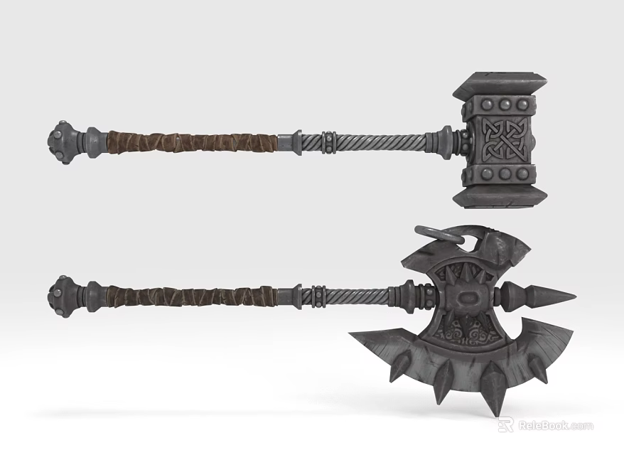 Medieval Fantasy Weapons Ornate Hammer And Spiked Axe With Braided Handles 3d model 