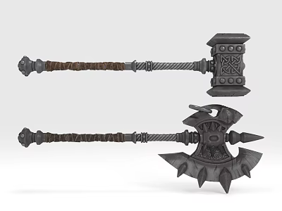 Medieval Fantasy Weapons Ornate Hammer And Spiked Axe With Braided Handles 3d model