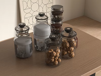Glass Spice Jars with Nuts and Spices on Wooden Tabletop in Minimalist Kitchen 3d model