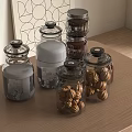 Glass Spice Jars with Nuts and Spices on Wooden Tabletop in Minimalist Kitchen