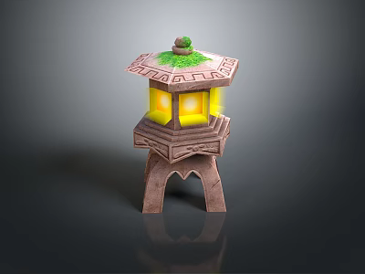 Traditional Stone Lantern With Green Grass Top And Yellow Illuminated Interior 3d model