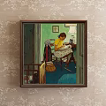 Vintage Figure Painting of Girl Reading Book in Room with Green Wall and Table Lamp