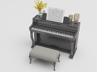 Musical Instruments And Art Supplies Featuring Black Piano Stool Sheet Music Vase Yellow Flowers 3d model