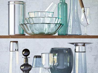 Elegant Decorative Ornament Set With Glass Metal Pieces Various Shapes On Shelf 3d model