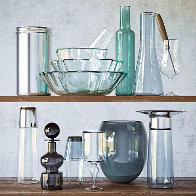 Elegant Decorative Ornament Set With Glass Metal Pieces Various Shapes On Shelf 3d model