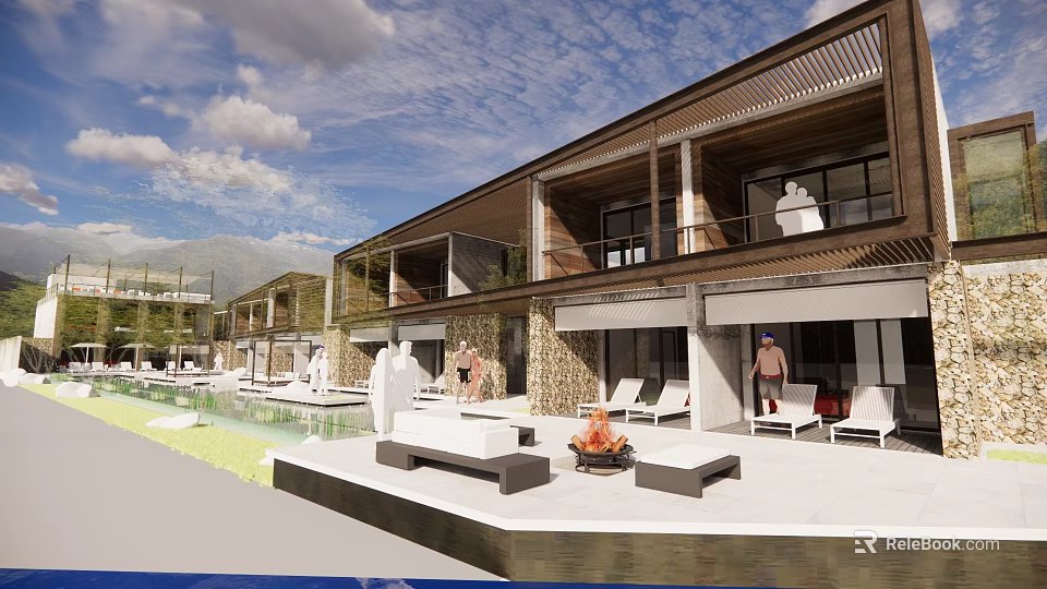 Modern Boutique Villa Exterior With Swimming Pool Outdoor Lounge Wooden Deck And Stone Walls 3d model 