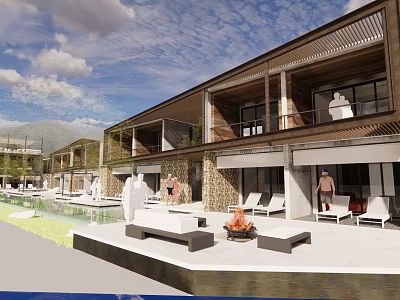Modern Boutique Villa Exterior With Swimming Pool Outdoor Lounge Wooden Deck And Stone Walls 3d model