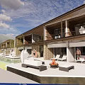 Modern Boutique Villa Exterior With Swimming Pool Outdoor Lounge Wooden Deck And Stone Walls