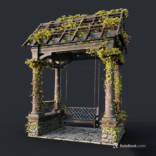 Traditional Wooden Memorial Archway Covered With Green Vines And Stone Pillars With Bench 3d model 