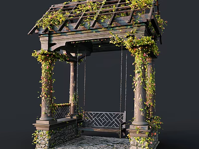 Traditional Wooden Memorial Archway Covered With Green Vines And Stone Pillars With Bench 3d model