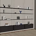 Modern Wall Shelving Setup With Black Floating Shelves Gray Cabinets And Decorative Items