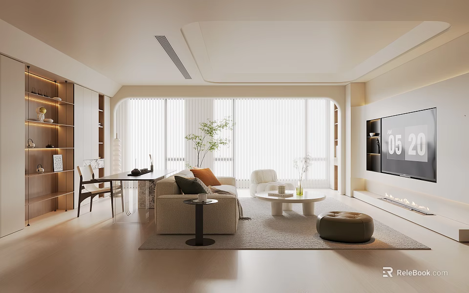 Modern Living Room Interior Design With Sofa Coffee Table TV Bookshelf Windows And Plant 3d model 