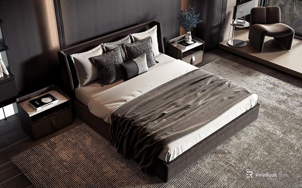 Modern Double Bed With Gray White Bedding Pillows Blanket And Nightstands 3d model 