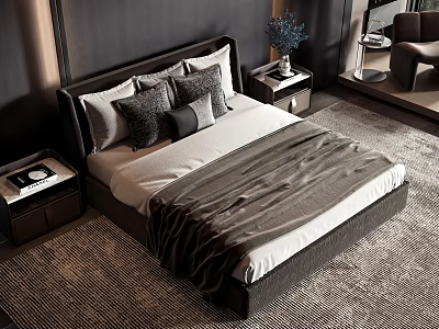 Modern Double Bed With Gray White Bedding Pillows Blanket And Nightstands 3d model