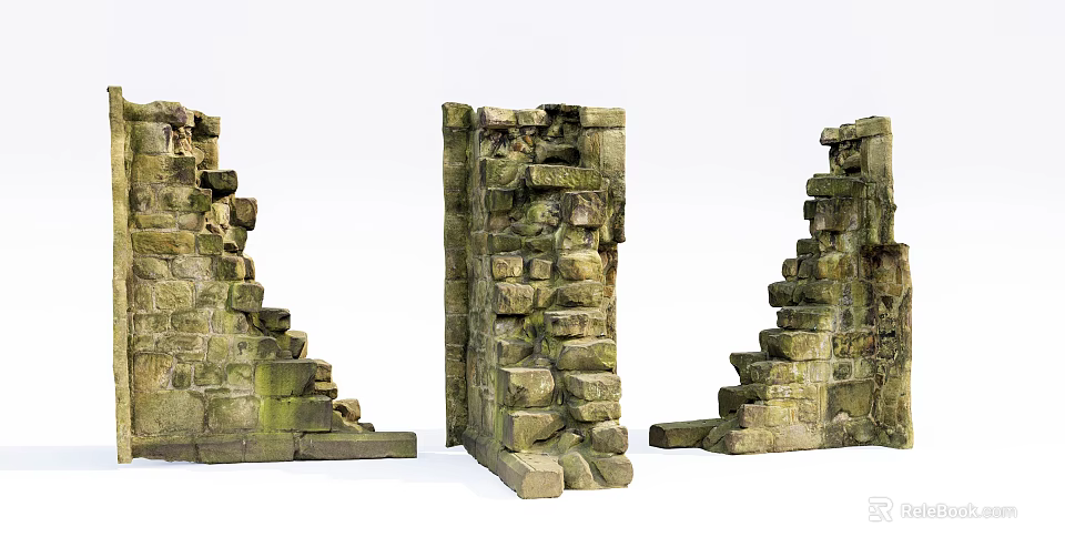 Ancient Weathered Stone Building Exterior Wall With Mossy Ruins And Broken Bricks 3d model 