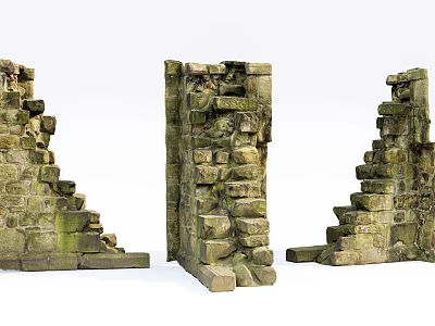 Ancient Weathered Stone Building Exterior Wall With Mossy Ruins And Broken Bricks 3d model