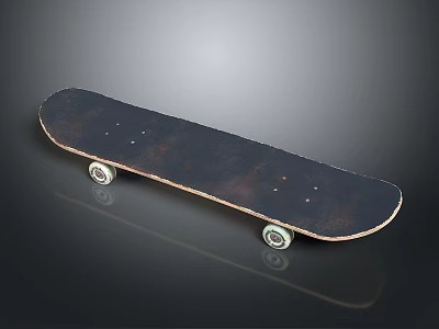 Classic Skateboard With Black Deck Wooden Edge And Four Shiny Wheels On Black Background 3d model
