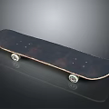 Classic Skateboard With Black Deck Wooden Edge And Four Shiny Wheels On Black Background