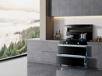 Modern Kitchen Interior With Gray Cabinets Integrated Appliances And Forest View 3d model
