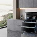 Modern Kitchen Interior With Gray Cabinets Integrated Appliances And Forest View 3d model