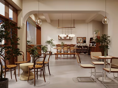 Modern Café Interior Design With Hanging Lights Green Plants And Wooden Furniture 3d model