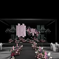 Elegant Banquet Hall With Pink Floral Aisle Decoration Drapes And Chandeliers For Wedding Event