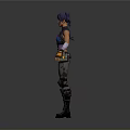 Woman With Pigtail Hairstyle Blue Sleeveless Crop Top Cargo Pants Fingerless Gloves And Combat Boots
