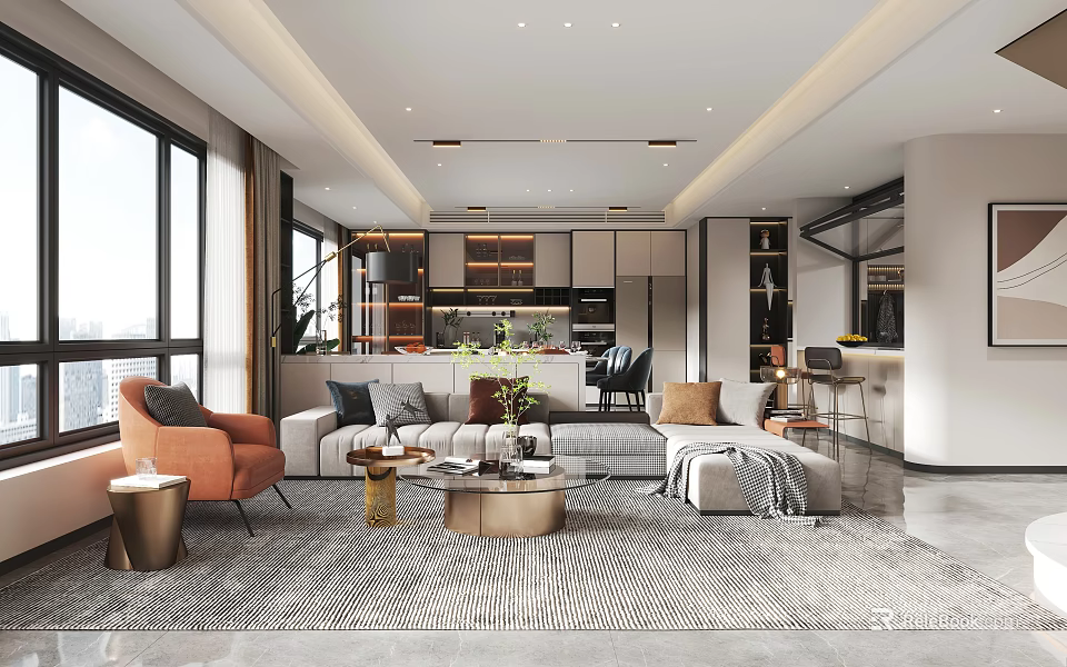 Modern Living And Dining Room Interior With Stylish Sofa Coffee Table And Dining Area 3d model 