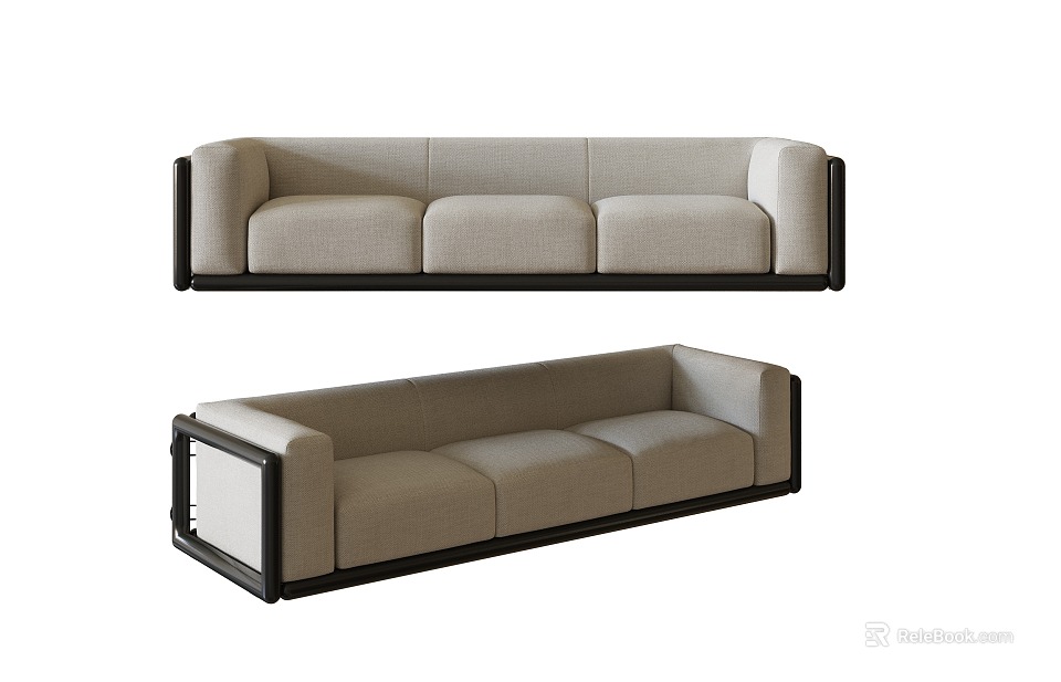 Modern Three Seater Sofa With Light Upholstery And Dark Wooden Frame Design 3d model 