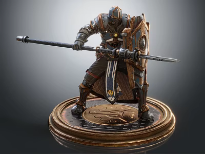 Game Movie Character Armored Warrior Statue Holding Spear Shield With Carved Base In Dynamic Pose 3d model
