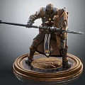 Game Movie Character Armored Warrior Statue Holding Spear Shield With Carved Base In Dynamic Pose