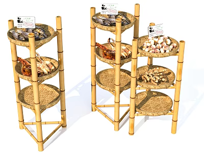 Bamboo Multi-tiered Shelving Unit With Circular Shelves And Display Storage Tags 3d model