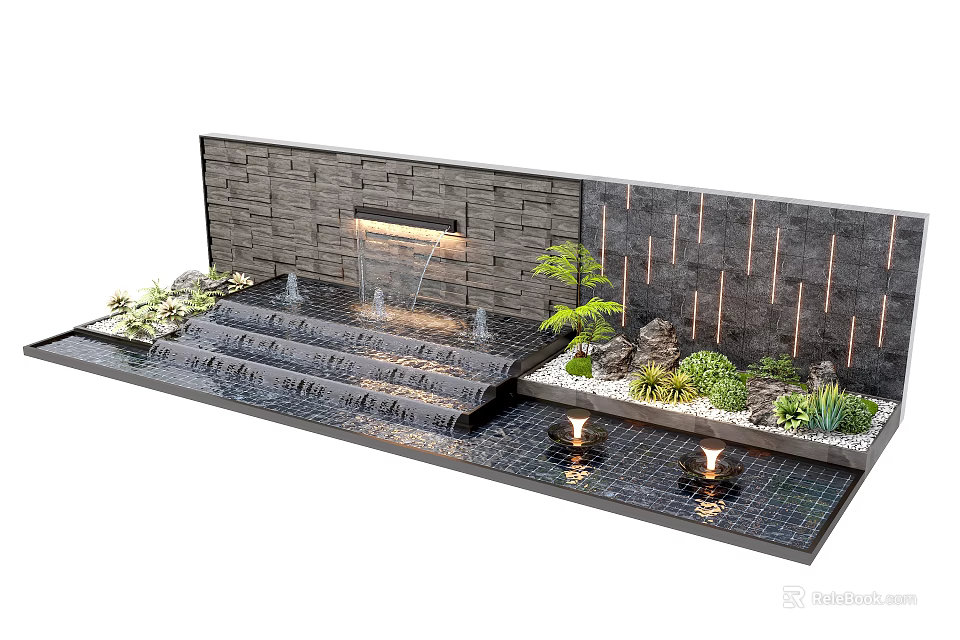 Landscape Wall With Stone Cladding Waterfall Feature And Garden Plants LED Lighting 3d model