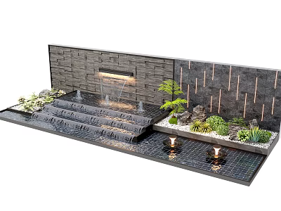 Landscape Wall With Stone Cladding Waterfall Feature And Garden Plants LED Lighting 3d model