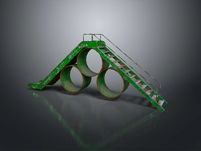Green Industrial Structure Featuring Circular Pipes Staircase And Metal Railing 3d model