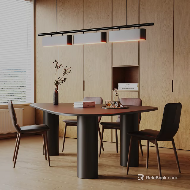 Modern Dining Table Set With Black Chairs Hanging Lights And Decorative Vase 3d model 