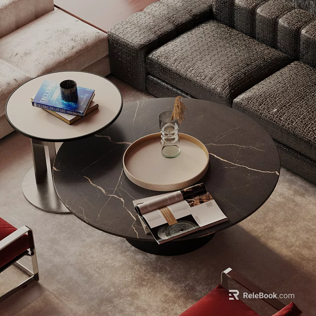 Modern Dark Fabric Sofa and Round Marble Coffee Table Set with Magazines Tray and Vase 3d model 