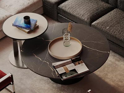 Modern Dark Fabric Sofa and Round Marble Coffee Table Set with Magazines Tray and Vase 3d model