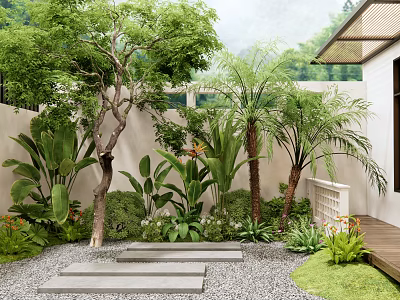 Varied Plant Combination in Courtyard Garden with Trees and Palms 3d model