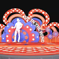 Vibrant Stage Design With Red Blue White Curved Patterns And Human Figure 3d model