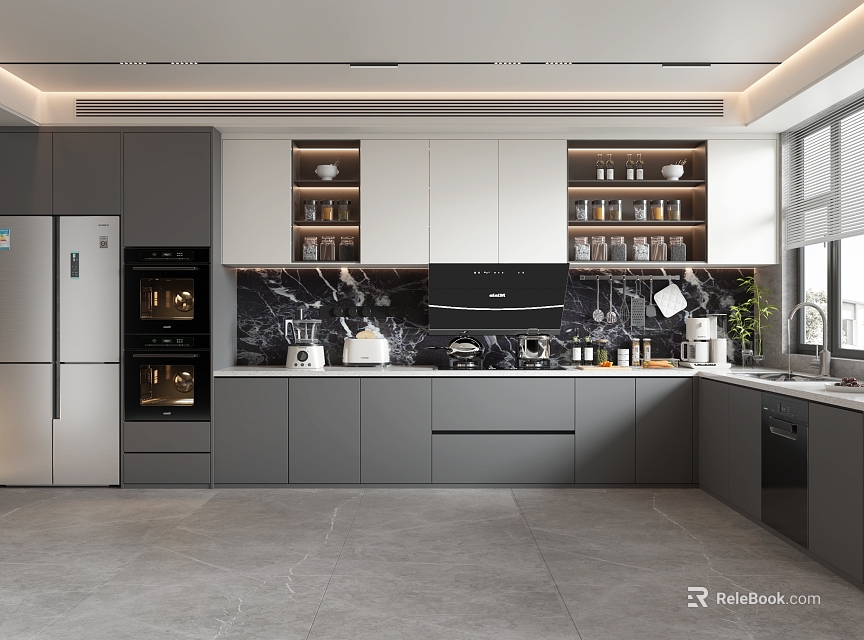 Modern Kitchen Interior Design With Gray White Cabinets Island Counter And Appliances 3d model 