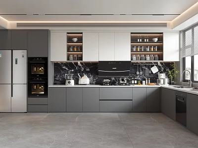 Modern Kitchen Interior Design With Gray White Cabinets Island Counter And Appliances 3d model
