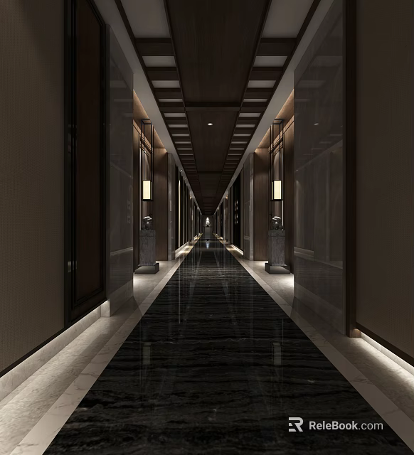 Elegant Modern Elevator Hallway With Marble Floor And Ambient Lighting Design 3d model