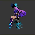 Witch Character With Purple Hair Blue Hat Riding Broomstick And Glowing Elements