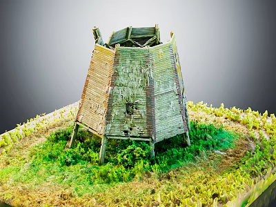 Cartoon Scene of Old Wooden Watchtower with Green Grass and Plants in Rustic Model Setting 3d model