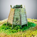Cartoon Scene of Old Wooden Watchtower with Green Grass and Plants in Rustic Model Setting
