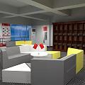 Spacious Conference Room With Wooden Bookshelves Conference Tables And Yellow Sofas
